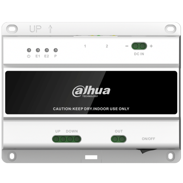 Dahua VTNS2003B-2 2-žilni switch Povezivanje do 20 monitora i do 2 pozivna panela 2-žilnim kablom Transfer signala i napajanja Voltaža 24V